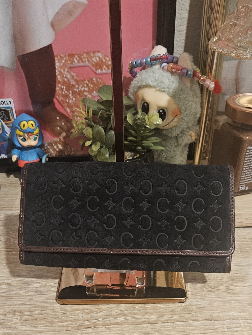 Celine Embossed Suede Black Wallet w/chain